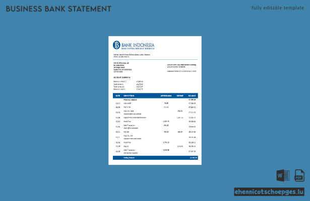 Beispielvorschau eines Kontoauszugs eines Firmengirokontos der Bank Indonesia (Word und PDF)